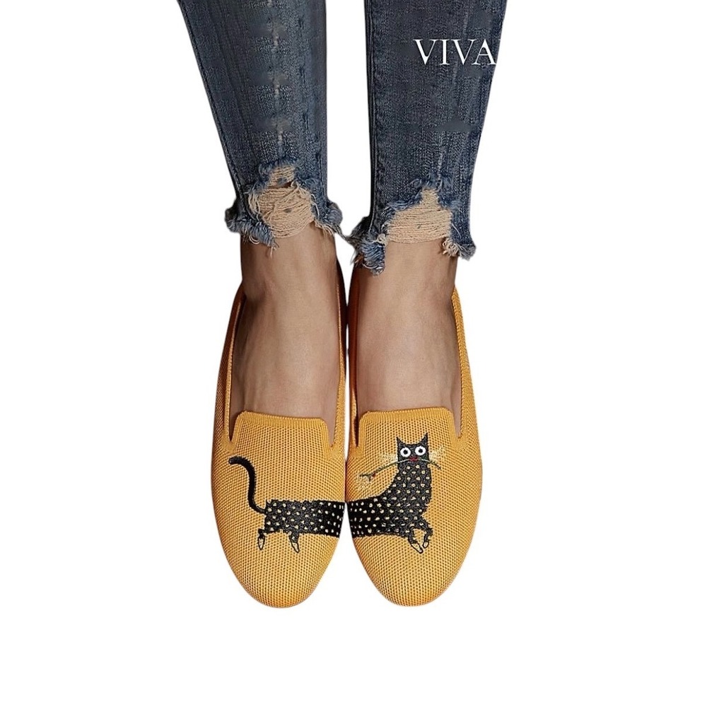 Vivaia X Kirsten Ulve Audry Black Cat Ginger Yellow Round Toe Loafers 43 US 11